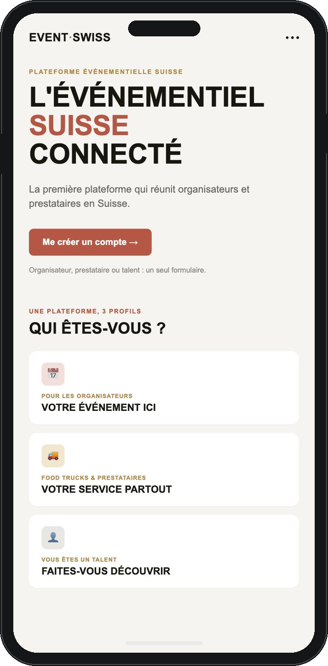 Application event-swiss.com affichée sur un mobile